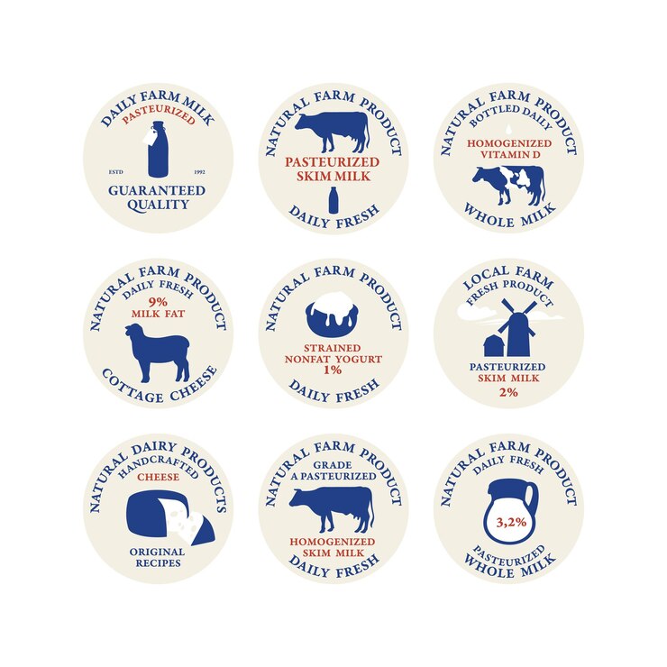Conjunto vectorial de etiquetas o emblemas adhesivos para productos lácteos Símbolos de productos lácteos