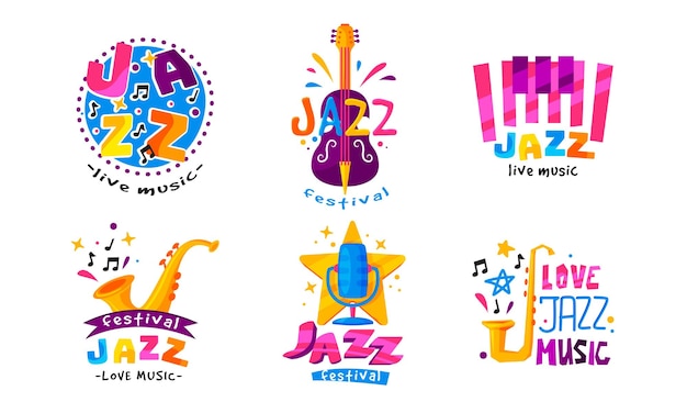 Conjunto vectorial de etiquetas o logos de festivales de jazz o conciertos en vivo