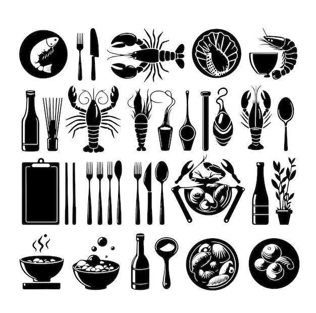 Conjunto vectorial de etiquetas y signos de mariscos Ilustración vectorial