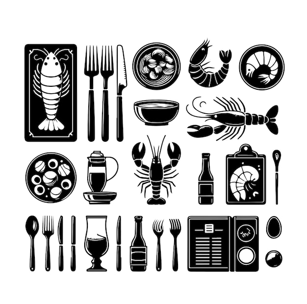 Conjunto vectorial de etiquetas y signos de mariscos Ilustración vectorial