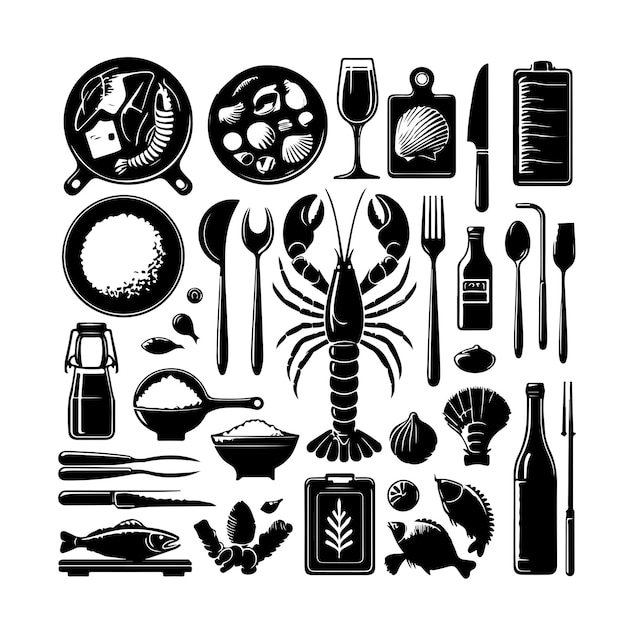 Conjunto vectorial de etiquetas y signos de mariscos Ilustración vectorial