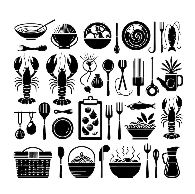 Conjunto vectorial de etiquetas y signos de mariscos Ilustración vectorial