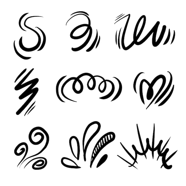 Conjunto vectorial de expresión de dibujos animados dibujados a mano signo doodle emoticon efectos de diseño elementos de personajes de dibuyos animados símbolos de emoción líneas de pincel decorativas lindas