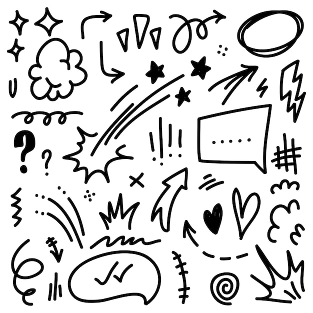 Conjunto vectorial de expresión de dibujos animados dibujados a mano signo de garabateo curva flechas direccionales efectos de emoticones elementos de diseño personajes de dibuios animados símbolos de emoción líneas de pincel decorativas lindas