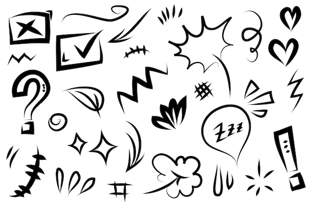 Conjunto vectorial de expresión de dibujos animados dibujados a mano signo de garabateo curva flechas direccionales efectos de emoticones elementos de diseño personajes de dibuios animados símbolos de emoción líneas de pincel decorativas lindas