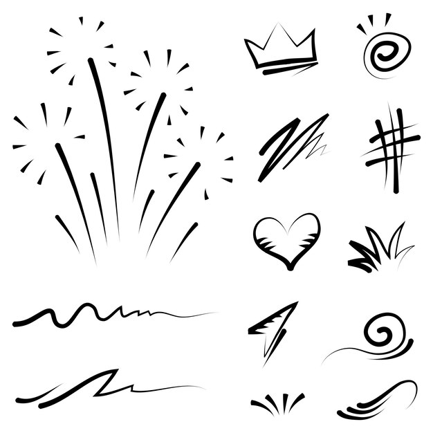 Conjunto vectorial de expresión de dibujos animados dibujados a mano signo de garabateo curva flechas direccionales efectos de emoticones elementos de diseño personajes de dibuios animados símbolos de emoción líneas de pincel decorativas lindas