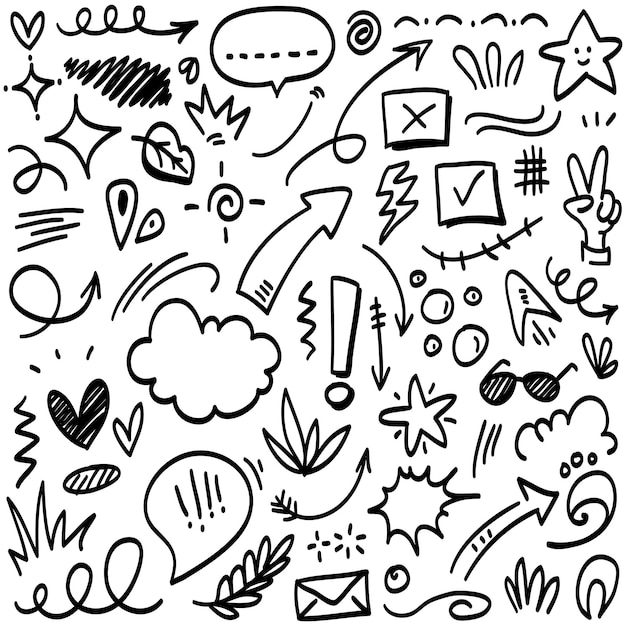 Conjunto vectorial de expresión de dibujos animados dibujados a mano signo de garabateo curva flechas direccionales efectos de emoticones elementos de diseño personajes de dibuios animados símbolos de emoción líneas de pincel decorativas lindas