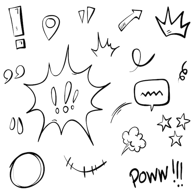 Conjunto vectorial de expresión de dibujos animados dibujados a mano signo de garabateo curva flechas direccionales efectos de emoticones elementos de diseño personajes de dibuios animados símbolos de emoción líneas de pincel decorativas lindas