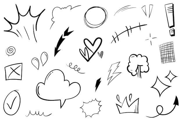 Conjunto vectorial de expresión de dibujos animados dibujados a mano signo de garabateo curva flechas direccionales efectos de emoticones elementos de diseño personajes de dibuios animados símbolos de emoción líneas de pincel decorativas lindas