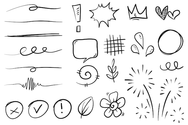 Conjunto vectorial de expresión de dibujos animados dibujados a mano signo de garabateo curva flechas direccionales efectos de emoticones elementos de diseño personajes de dibuios animados símbolos de emoción líneas de pincel decorativas lindas