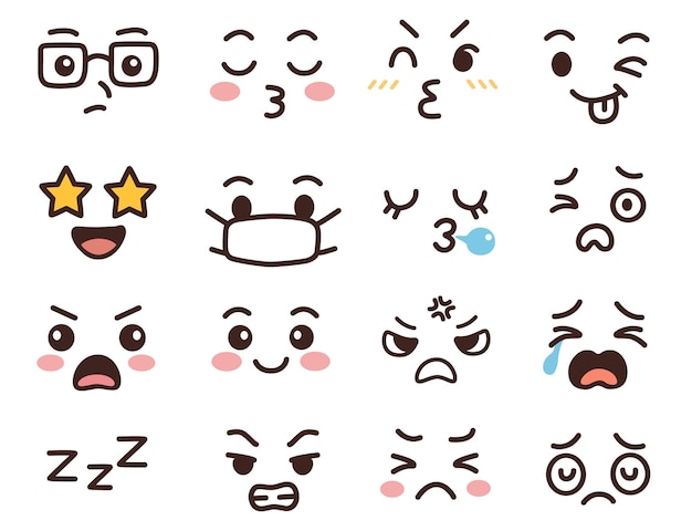 Conjunto vectorial de expresiones faciales de dibujos animados con varios iconos emoji emocionales