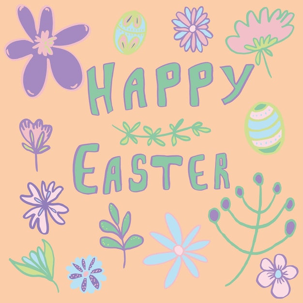 Conjunto vectorial de felices pascuas con flores y hierbas