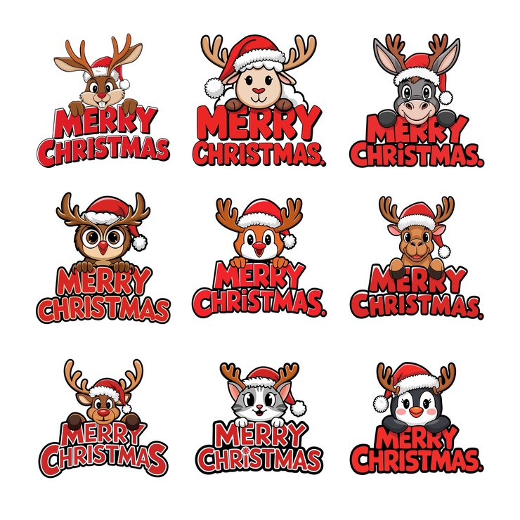 Conjunto vectorial festivo de animales navideños con sombreros de Papá Noel con texto de Feliz Navidad para el diseño