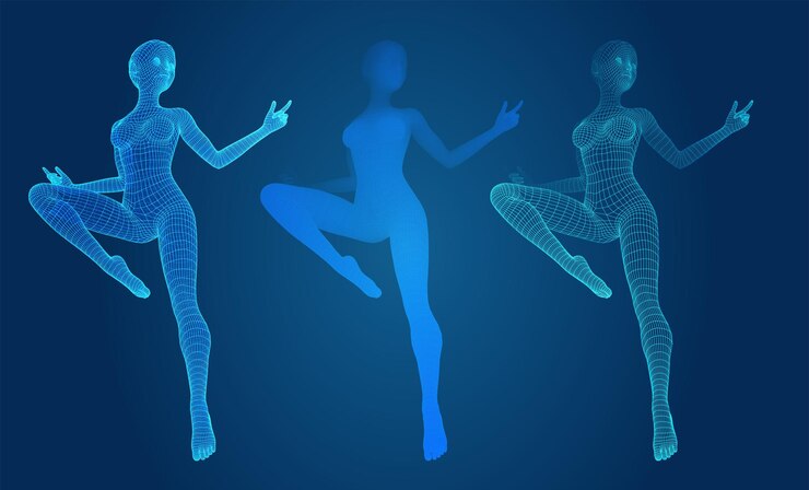 Vector conjunto vectorial de figuras femeninas en poses de baile en el fondo