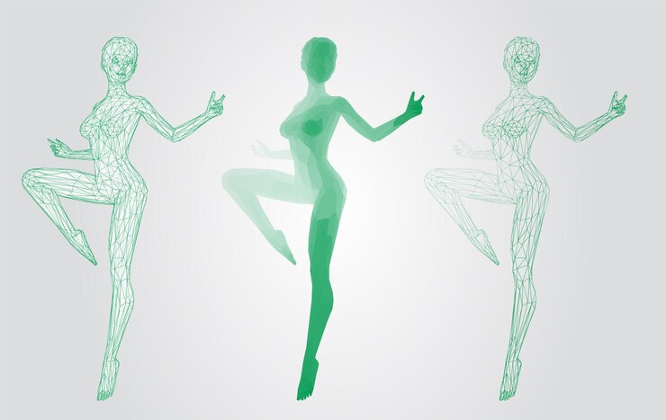 Vector conjunto vectorial de figuras femeninas en poses de baile en el fondo