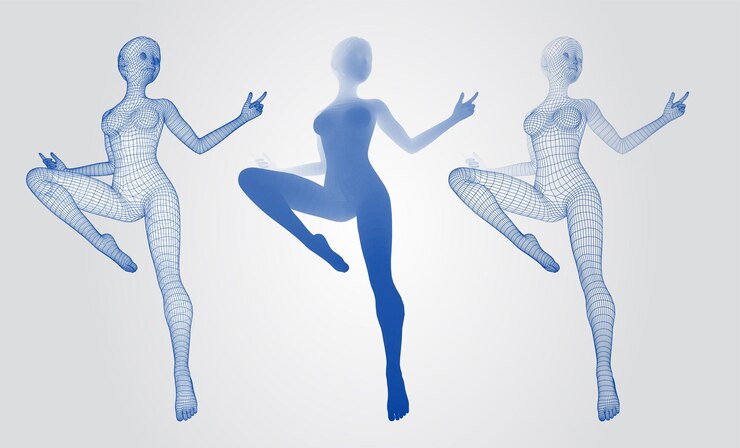 Vector conjunto vectorial de figuras femeninas en poses de baile en el fondo