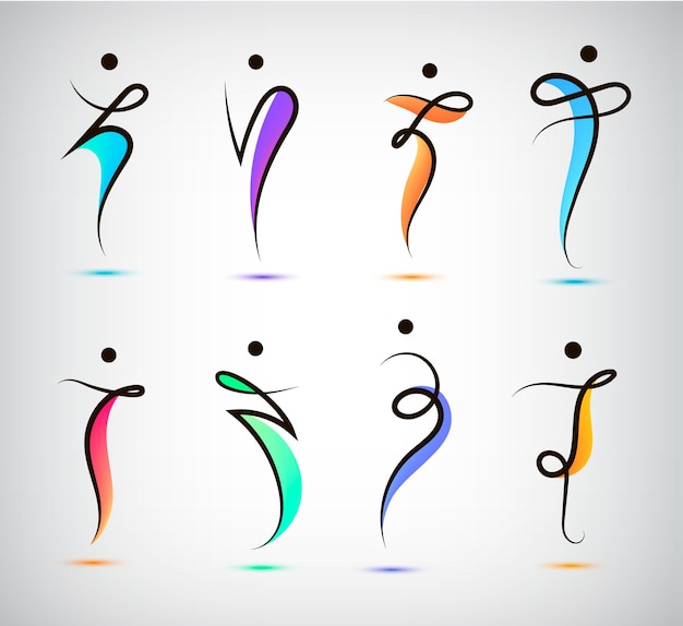 Conjunto vectorial de figuras, líneas, siluetas, logotipos, hombres, deportes y bailes.