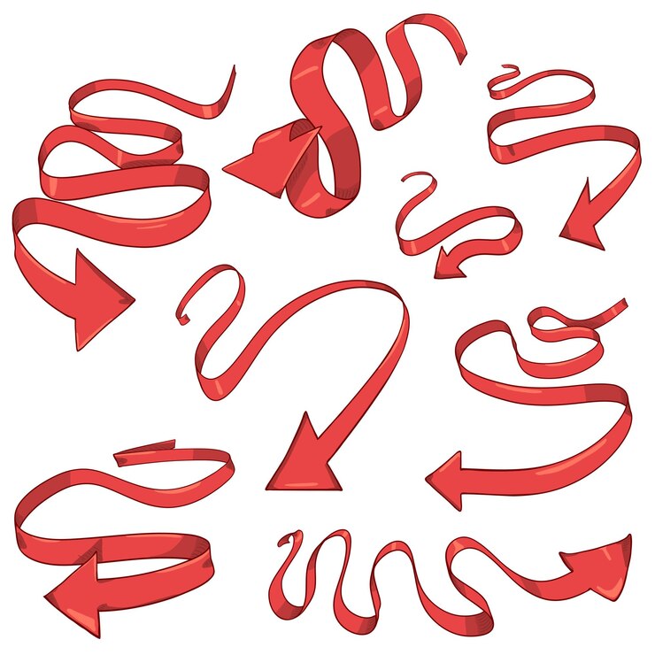 Vector conjunto vectorial de flechas de cinta roja de dibujos animados que agitan la colección de punteros de forma