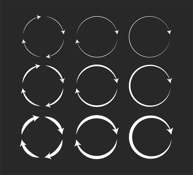 Vector conjunto vectorial de flechas circulares aisladas sobre fondo negro. gire la flecha y el símbolo de carga giratorio.