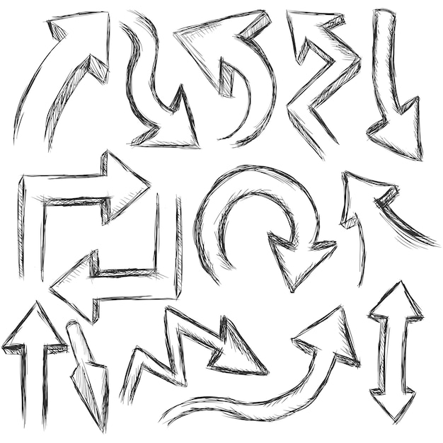 Conjunto vectorial de flechas de croquis 3D sobre fondo blanco