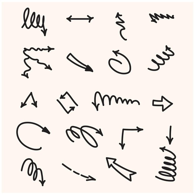 Conjunto vectorial de flechas dibujadas a mano con dibujos de estilo y arte de líneas