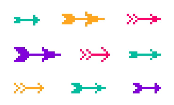 Vector conjunto vectorial de flechas tribales de 8 bits de píxeles, colección de flechas de cursores de dirección de arco en pc antiguo o estilo de consola de juegos, símbolos de un solo color para logotipos.
