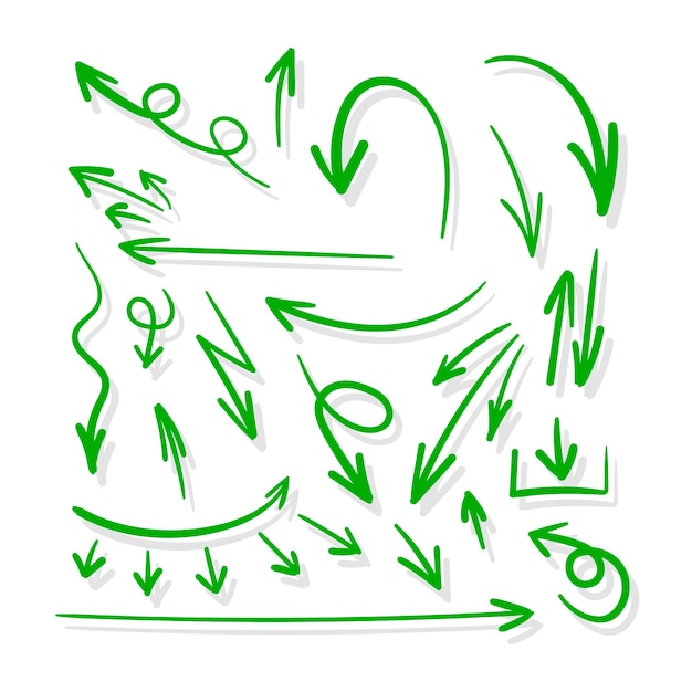Conjunto vectorial de flechas verdes con sombras aisladas en la colección de señales direccionales de fondo blanco