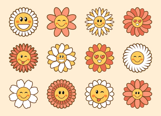 Conjunto vectorial de flores de cara sonriente en estilo retro de los años 60