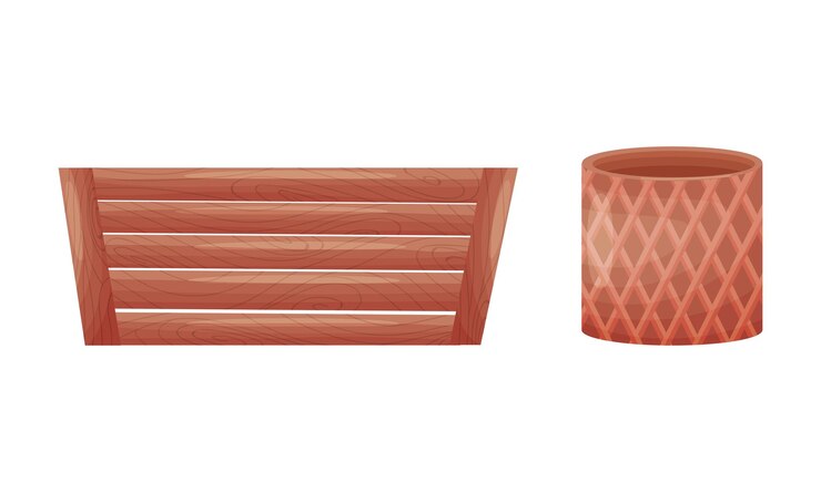Vector conjunto vectorial de flores decorativas en forma de olla vacía de cerámica o arcilla y caja de madera