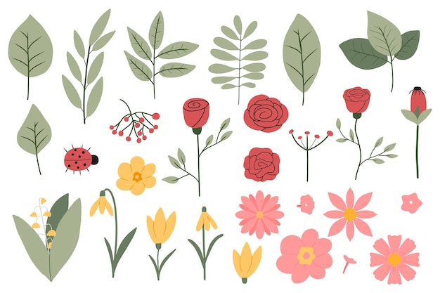 Conjunto vectorial de flores y hojas de primavera. conjunto con ramas de árboles y flores diferentes. ilustración vectorial