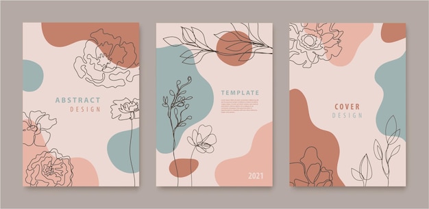 Conjunto vectorial de flores de línea continua, hojas, cubiertas, pancartas, carteles, tarjetas, historias de redes sociales, volantes, plantillas de diseño, diseño de moda con olas de colores pastel.
