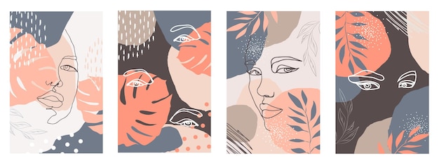 Conjunto vectorial de fondos creativos abstractos en un estilo moderno mínimo con retrato de cara de mujer