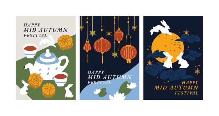 Conjunto vectorial de fondos o afiches para el Festival del Medio Otoño o el Festival Mooncake con conejos de ilustración y farolillos de papel y decoración