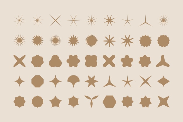 Conjunto vectorial de formas de flores y estrellas Formas Y2k de rayos de sol brillantes destellos y resplandores en un estilo brutalista moderno