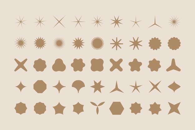 Conjunto vectorial de formas de flores y estrellas formas y2k de rayos de sol brillantes destellos y resplandores en un estilo brutalista moderno