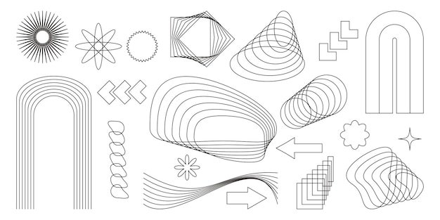 Conjunto vectorial de formas geométricas estéticas Y2K. Elementos de línea de brutalismo futurista al estilo de los años 2000. De moda