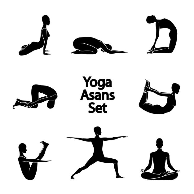 Conjunto vectorial de formas de posturas de yoga y asanas