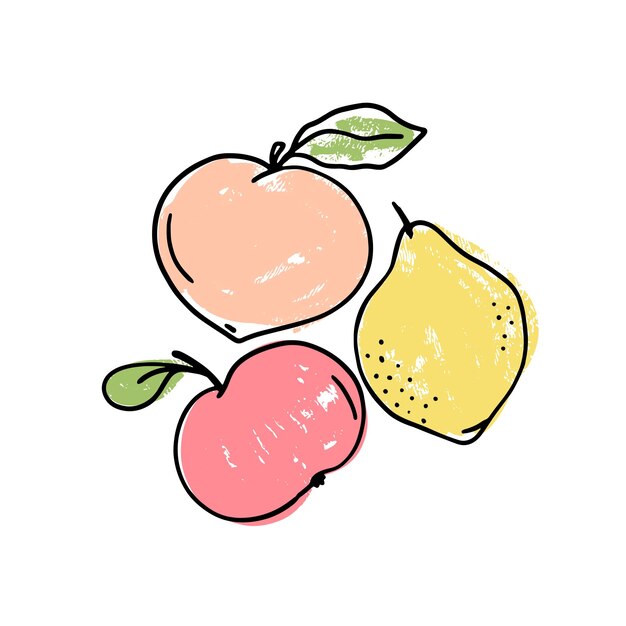 Conjunto vectorial de frutas dibujadas a mano con hojas sobre un fondo blanco Iconos dibujados a mano de manzana, limón y melocotón Composición de dibujos ingenuos