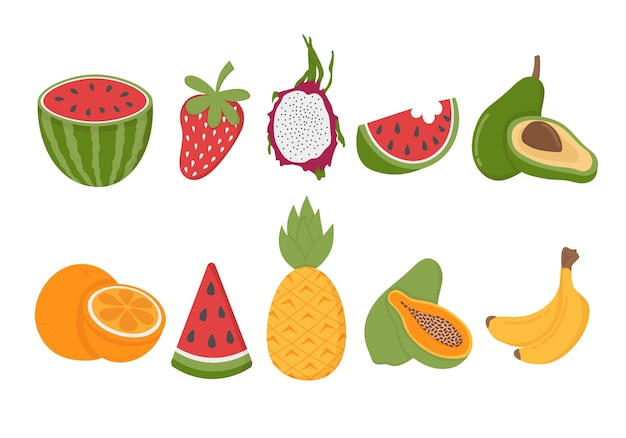 Vector conjunto vectorial de frutas tropicales flat doodle clipart todos los objetos se vuelven a pintar