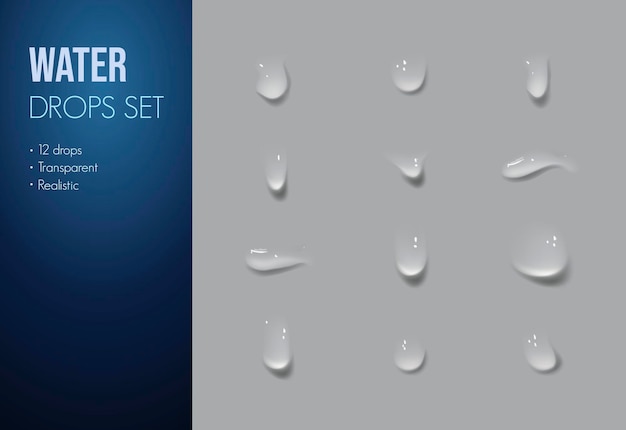 Vector conjunto vectorial de gotas de agua realistas lluvia o vapor a través del vidrio