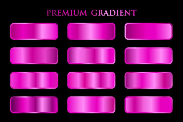 Conjunto vectorial de gradientes metálicos rosados Colección de muestras Conjunto de gradientes brillantes sobre fondo negro