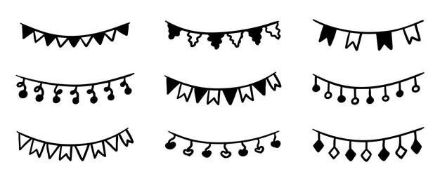 Conjunto vectorial de guirnaldas de doodle dibujadas a mano con banderas de fiestas de cumpleaños de banderas de diferentes formas