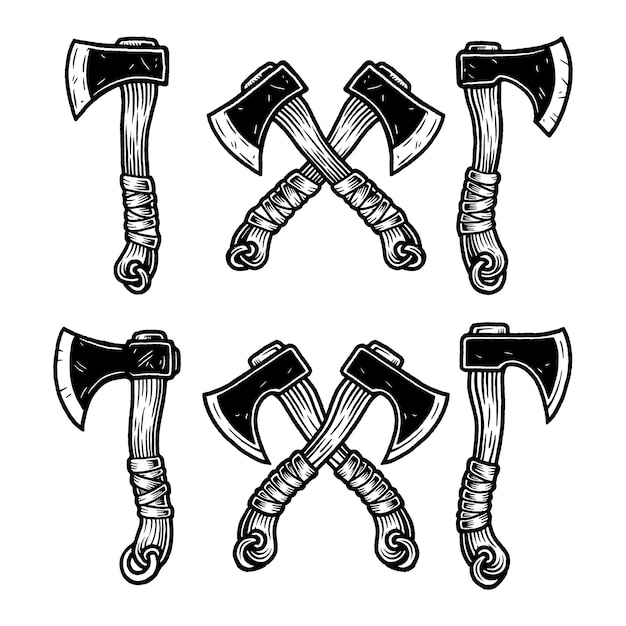 Conjunto vectorial de hacha dibujada a mano de época Ilustraciones de leñador y hacha de supervivencia