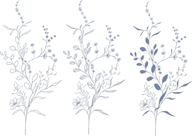 conjunto vectorial hermosa corona floral azul y hojas elementos de arte de línea conjunto botánico dibujado a mano