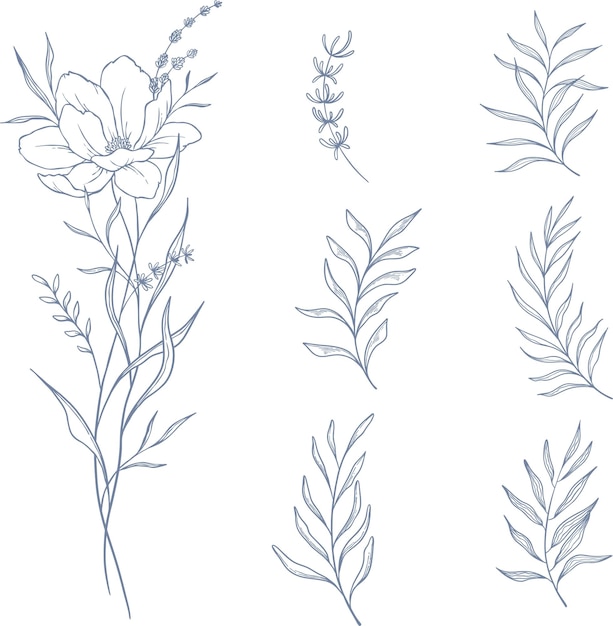conjunto vectorial hermosa corona floral azul y hojas elementos de arte de línea conjunto botánico dibujado a mano