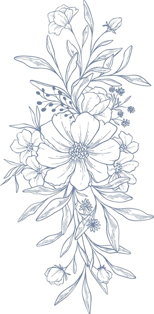 Vector conjunto vectorial hermosa corona floral y hojas elementos de arte de línea elementos de conjunto botánico dibujados a mano