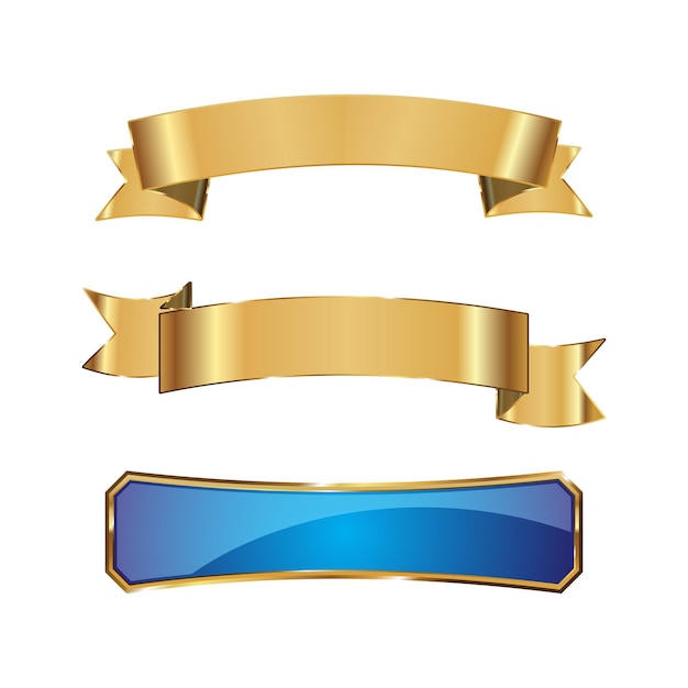 Conjunto vectorial de hermosas cintas doradas y etiqueta azul aisladas en fondo blanco Ilustración EPS