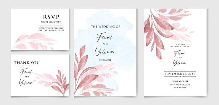 Conjunto vectorial de hermosas tarjetas de invitación de acuarela floral y botánica para bodas con rosas y hojas