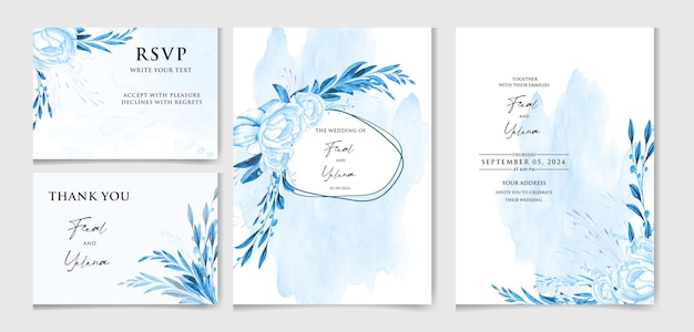 Conjunto vectorial de hermosas tarjetas de invitación de acuarela floral y botánica para bodas con rosas y hojas