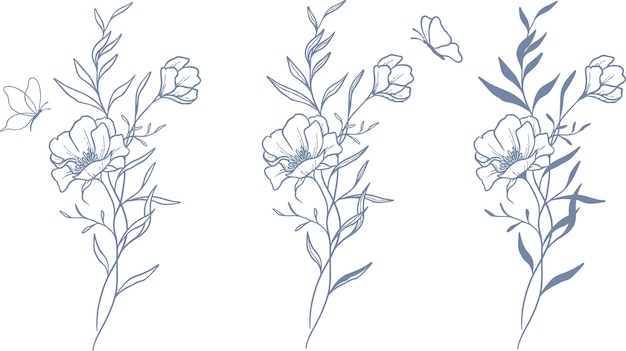 Vector conjunto vectorial hermoso floral y hojas elementos de arte de línea elementos de conjunto botánico dibujados a mano